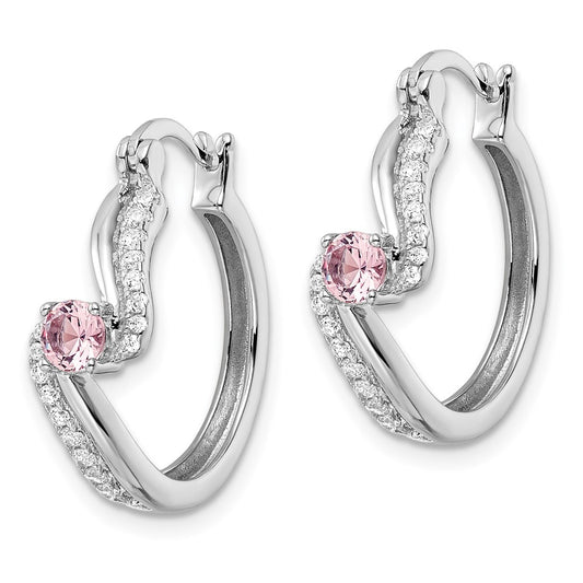 Rhodium-plated Sterling Silver Pink CZ Hoop Earrings