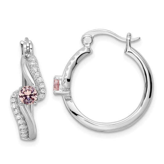 Rhodium-plated Sterling Silver Pink CZ Hoop Earrings