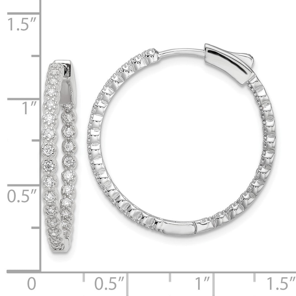 Sterling Silver Polished Rhodium-plated In & Out CZ Hinged Hoop Earrings