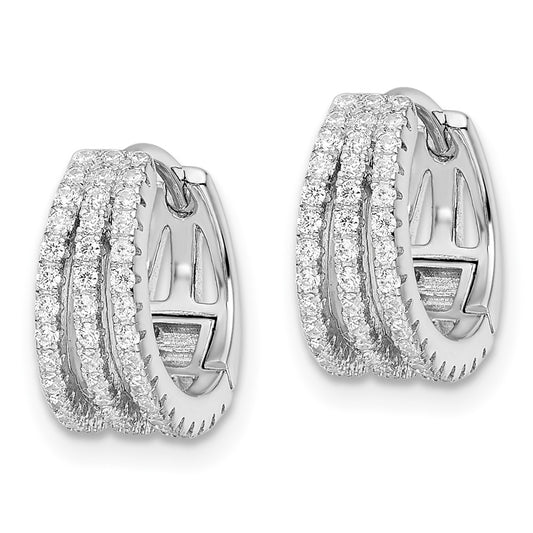 Rhodium-plated Sterling Silver Polished Triple Row CZ Hinged Hoop Earrings