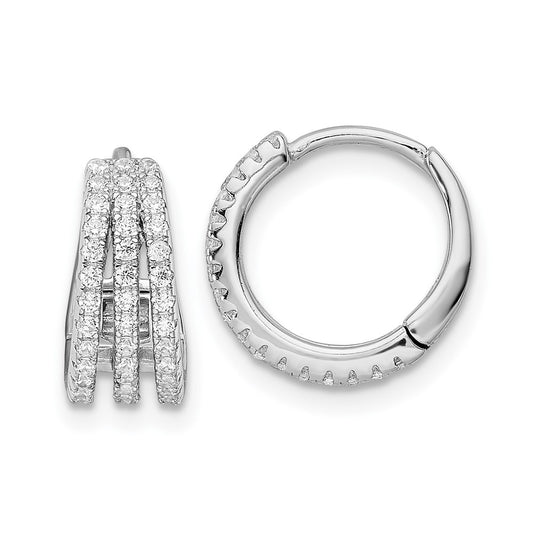 Rhodium-plated Sterling Silver Polished Triple Row CZ Hinged Hoop Earrings