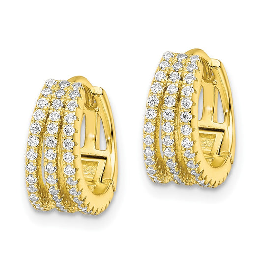 Yellow Gold-plated Sterling Silver Polished Triple Row CZ Hinged Hoop Earrings