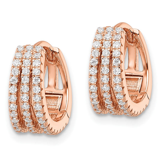 Rose Gold-plated Sterling Silver Polished Triple Row CZ Hinged Hoop Earrings