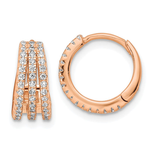 Rose Gold-plated Sterling Silver Polished Triple Row CZ Hinged Hoop Earrings