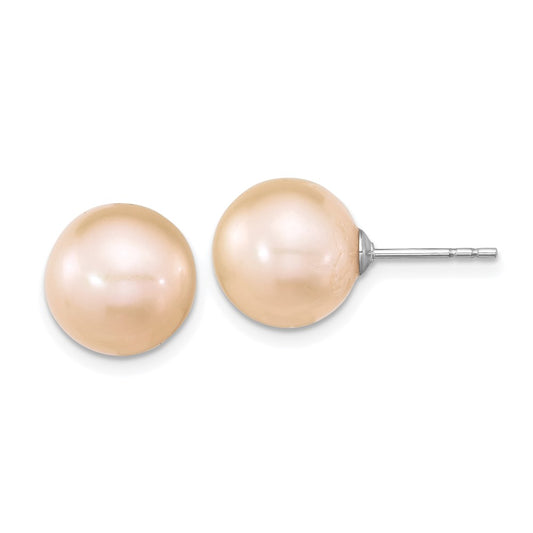 Rhodium-plated Sterling Silver 10-11mm Pink Round FWC Pearl Post Earrings