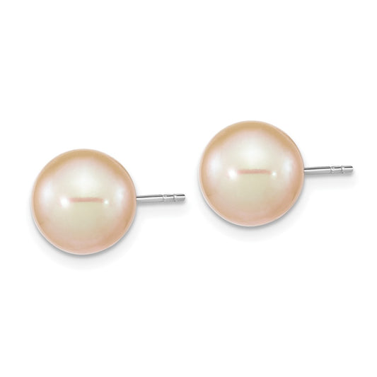 Rhodium-plated Sterling Silver 9-10mm Pink Round FWC Pearl Post Earrings