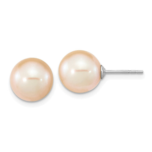 Rhodium-plated Sterling Silver 9-10mm Pink Round FWC Pearl Post Earrings