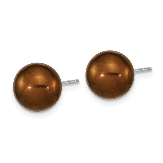 Rhodium-plated Sterling Silver 9-10mm Brown Round FWC Pearl Post Earrings