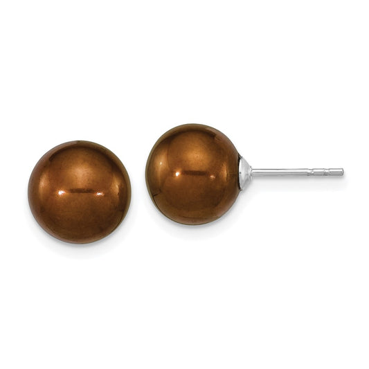 Rhodium-plated Sterling Silver 9-10mm Brown Round FWC Pearl Post Earrings