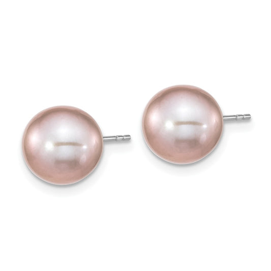 Rhodium-plated Sterling Silver 9-10mm Purple Round FWC Pearl Earrings