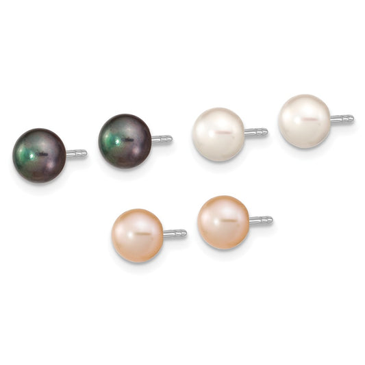 Rhodium-plated Sterling Silver 6-7mm Set of 3 Wt BK Pink Button FWC Pearl Earrings