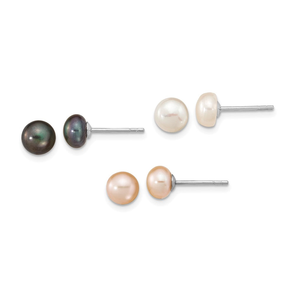 Rhodium-plated Sterling Silver 6-7mm Set of 3 Wt BK Pink Button FWC Pearl Earrings