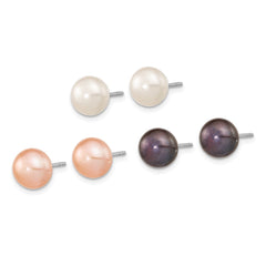 Rhodium-plated Sterling Silver 8-9mm Set of 3 Wt BK Pink Button FWC Pearl Earrings