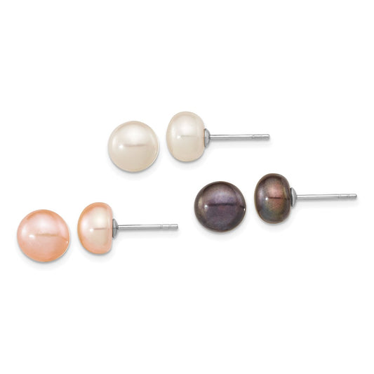 Rhodium-plated Sterling Silver 8-9mm Set of 3 Wt BK Pink Button FWC Pearl Earrings