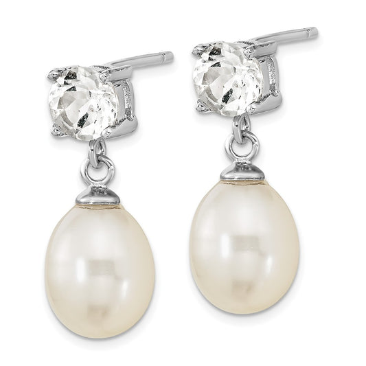 Rhodium-plated Sterling Silver White Topaz 7-10mm White Teardrop FWC Pearl Earrings