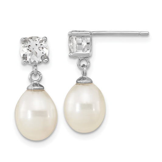 Rhodium-plated Sterling Silver White Topaz 7-10mm White Teardrop FWC Pearl Earrings