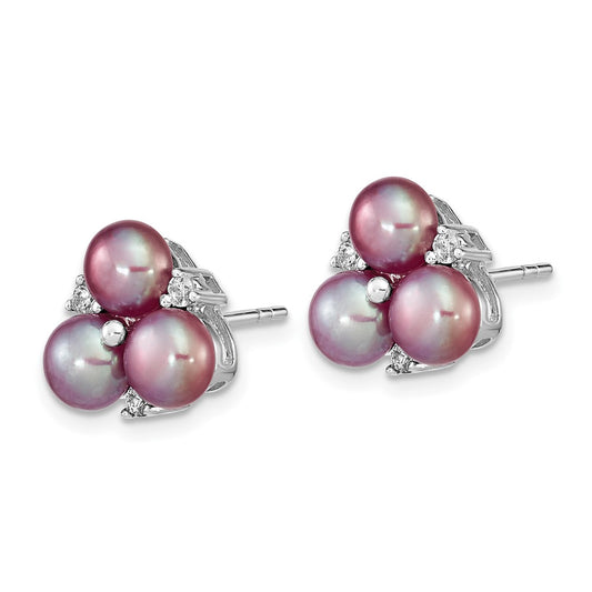 Rhodium-plated Sterling Silver CZ 5-6mm Purple Button FWC Pearl Earrings