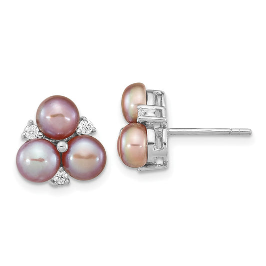 Rhodium-plated Sterling Silver CZ 5-6mm Purple Button FWC Pearl Earrings