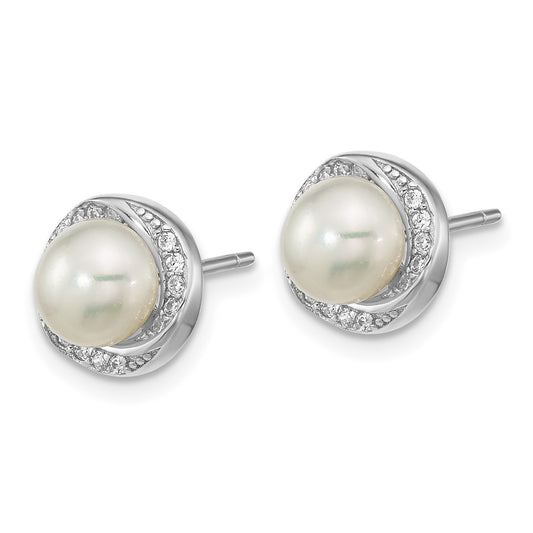 Rhodium-plated Sterling Silver CZ 6-7mm White Button FWC Pearl Post Earrings