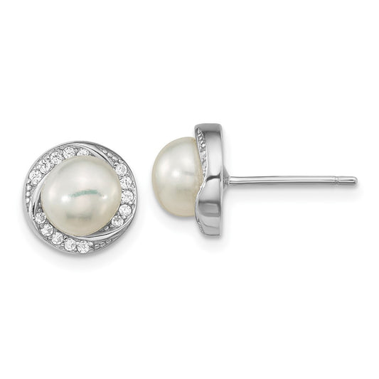 Rhodium-plated Sterling Silver CZ 6-7mm White Button FWC Pearl Post Earrings