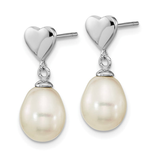 Rhodium-plated Sterling Silver 7x9mm White Teardrop FWC Pearl Dangle Earrings