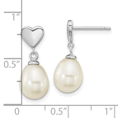 Rhodium-plated Sterling Silver 7x9mm White Teardrop FWC Pearl Dangle Earrings