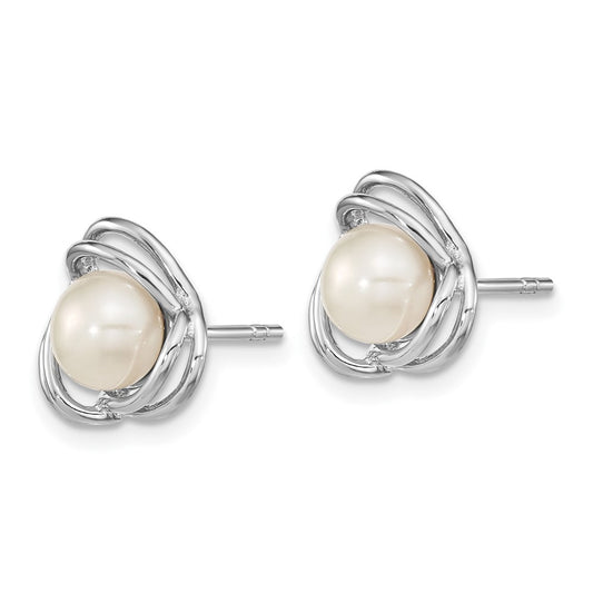 Rhodium-plated Sterling Silver 6-7mm White Button Knot Post Earrings