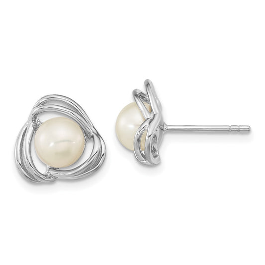 Rhodium-plated Sterling Silver 6-7mm White Button Knot Post Earrings