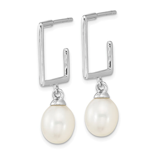 Rhodium-plated Sterling Silver 7-8mm White Rice FWC Pearl Square Earrings