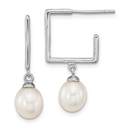 Rhodium-plated Sterling Silver 7-8mm White Rice FWC Pearl Square Earrings