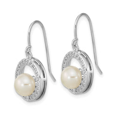 Rhodium-plated Sterling Silver 6-7mm Button FWC Pearl CZ Dangle Earrings