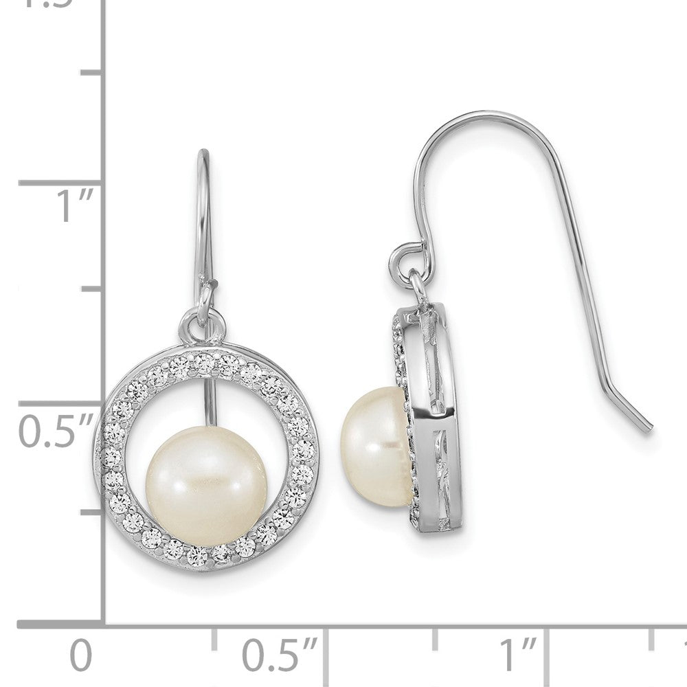 Rhodium-plated Sterling Silver 6-7mm Button FWC Pearl CZ Dangle Earrings