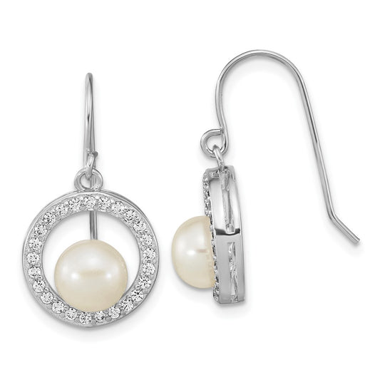 Rhodium-plated Sterling Silver 6-7mm Button FWC Pearl CZ Dangle Earrings