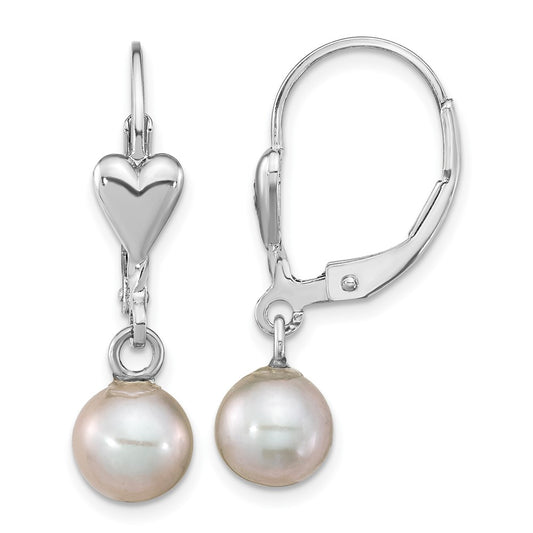 Rhodium-plated Sterling Silver 6-7mm Grey Round FWC Pearl Leverback Earrings