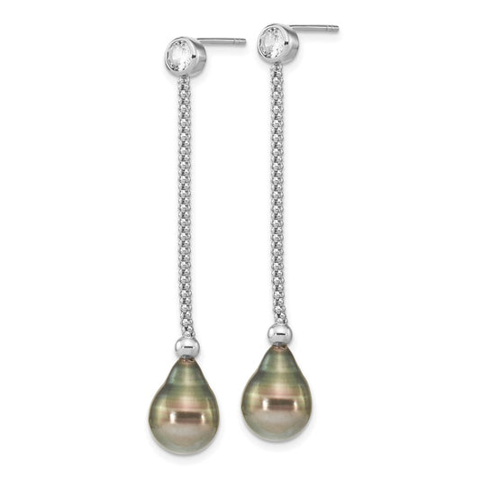 Rhodium-plated Sterling Silver 9-10mm Tahitian Saltwater Pearl CZ Earrings