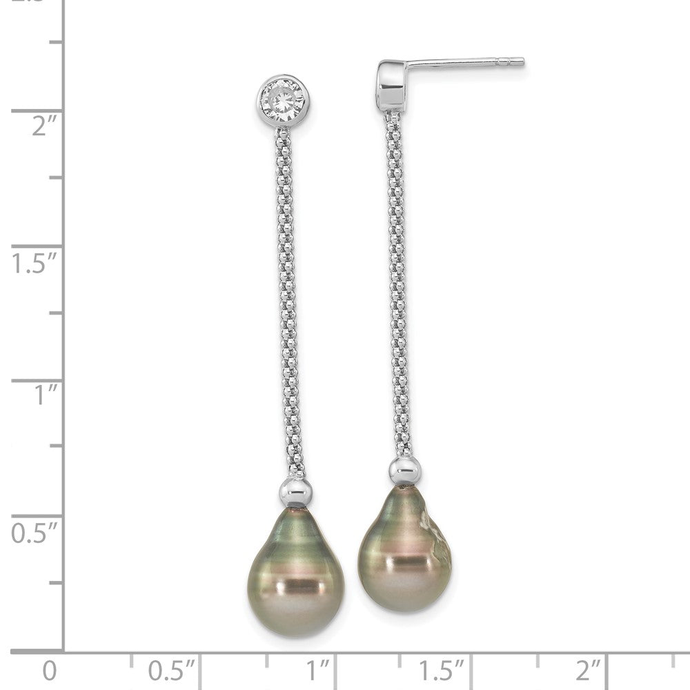 Rhodium-plated Sterling Silver 9-10mm Tahitian Saltwater Pearl CZ Earrings