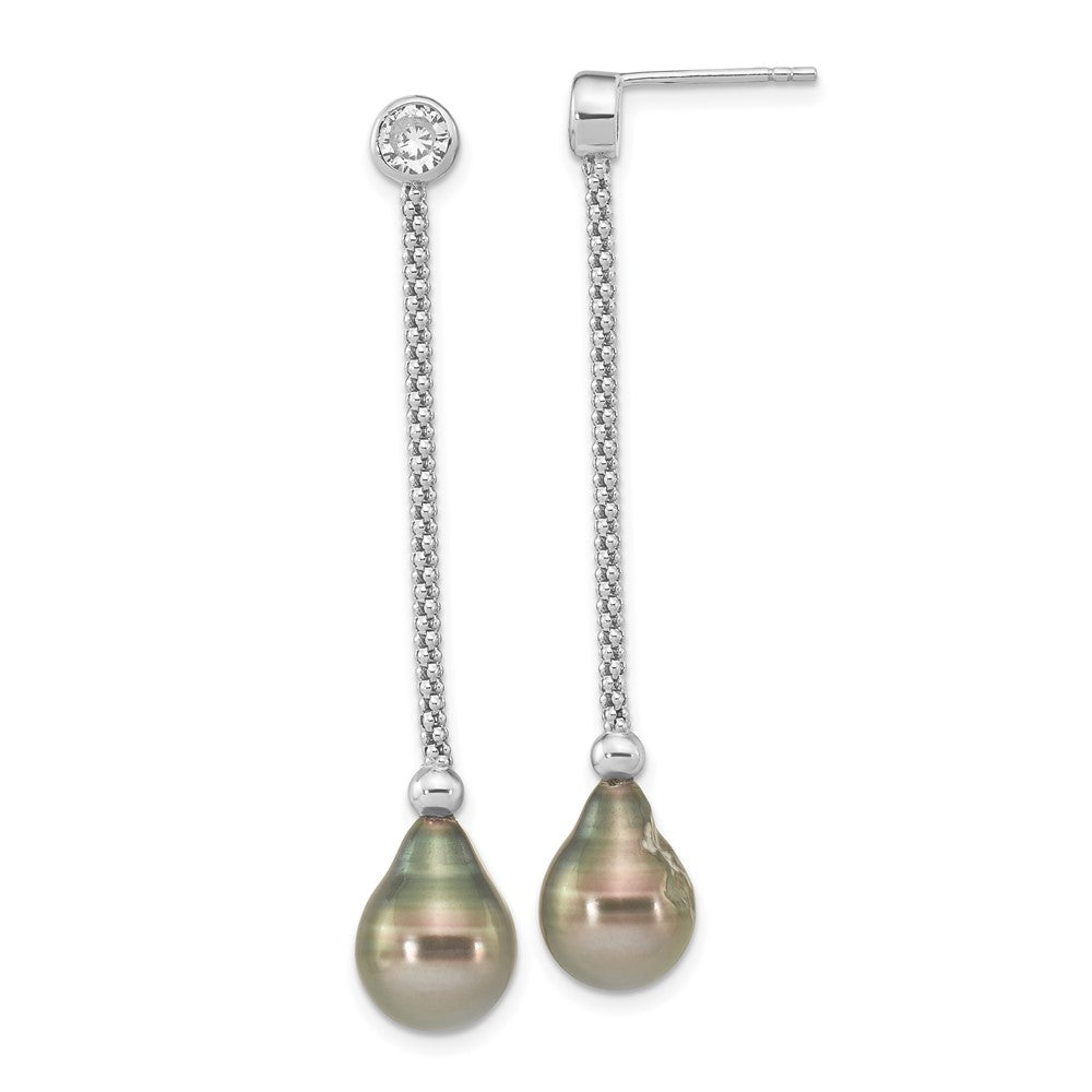 Rhodium-plated Sterling Silver 9-10mm Tahitian Saltwater Pearl CZ Earrings