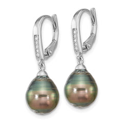 Rhodium-plated Sterling Silver 9-10mm Tahitian Saltwater Pearl CZ Earrings