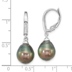 Rhodium-plated Sterling Silver 9-10mm Tahitian Saltwater Pearl CZ Earrings