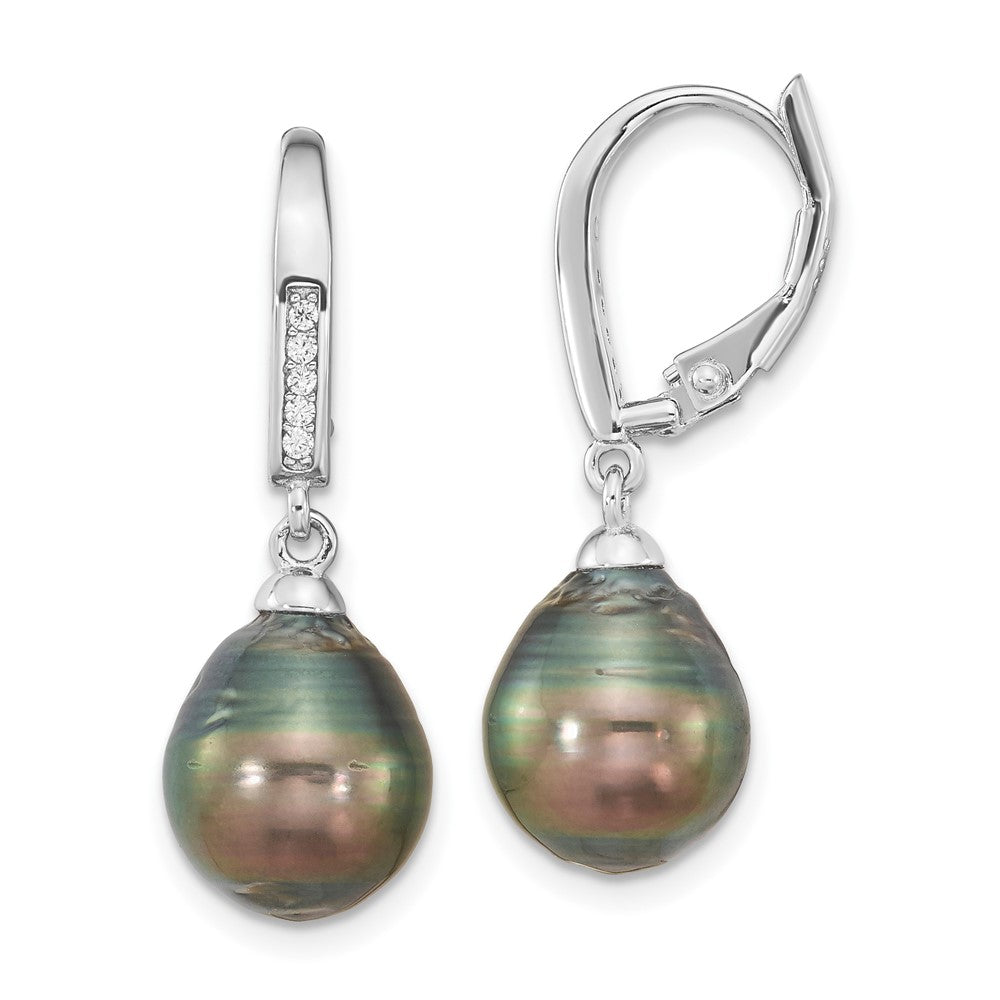 Rhodium-plated Sterling Silver 9-10mm Tahitian Saltwater Pearl CZ Earrings