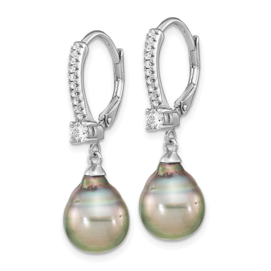 Rhodium-plated Sterling Silver 9-10mm Tahitian Saltwater Pearl CZ Earrings