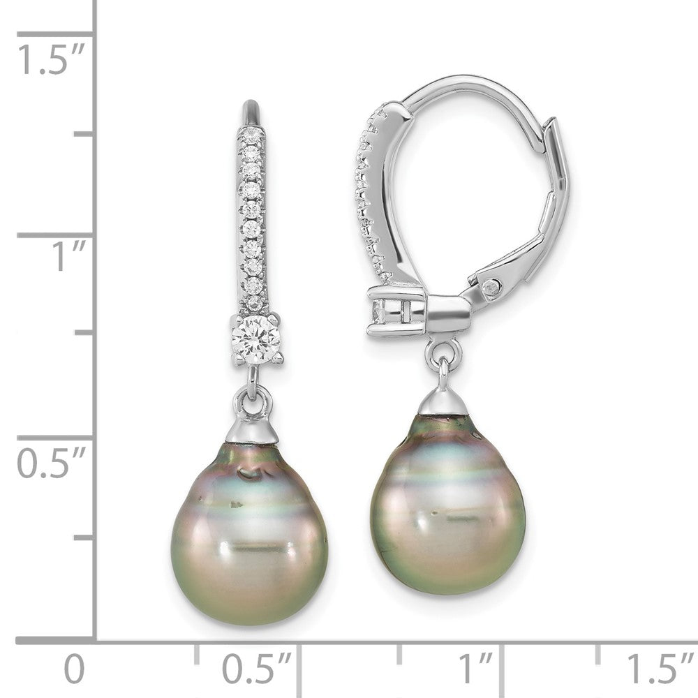 Rhodium-plated Sterling Silver 9-10mm Tahitian Saltwater Pearl CZ Earrings