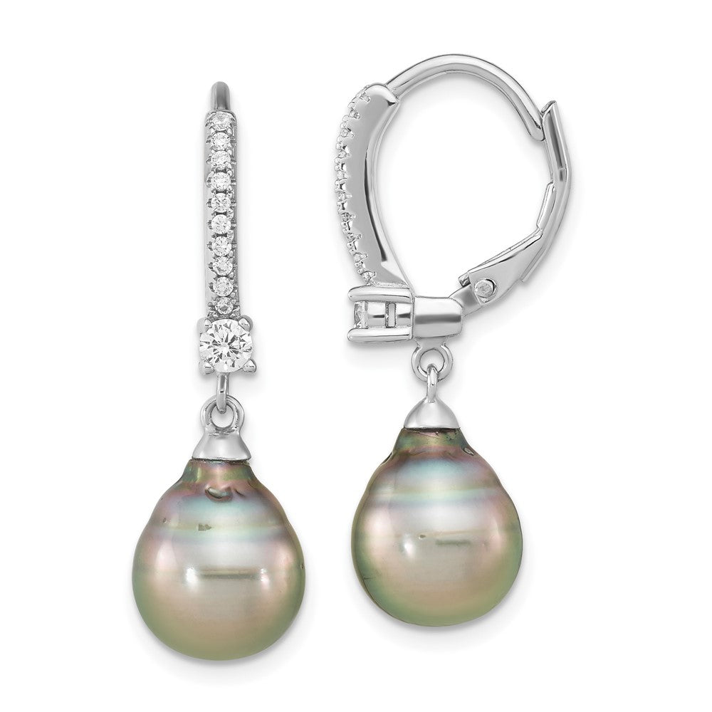 Rhodium-plated Sterling Silver 9-10mm Tahitian Saltwater Pearl CZ Earrings