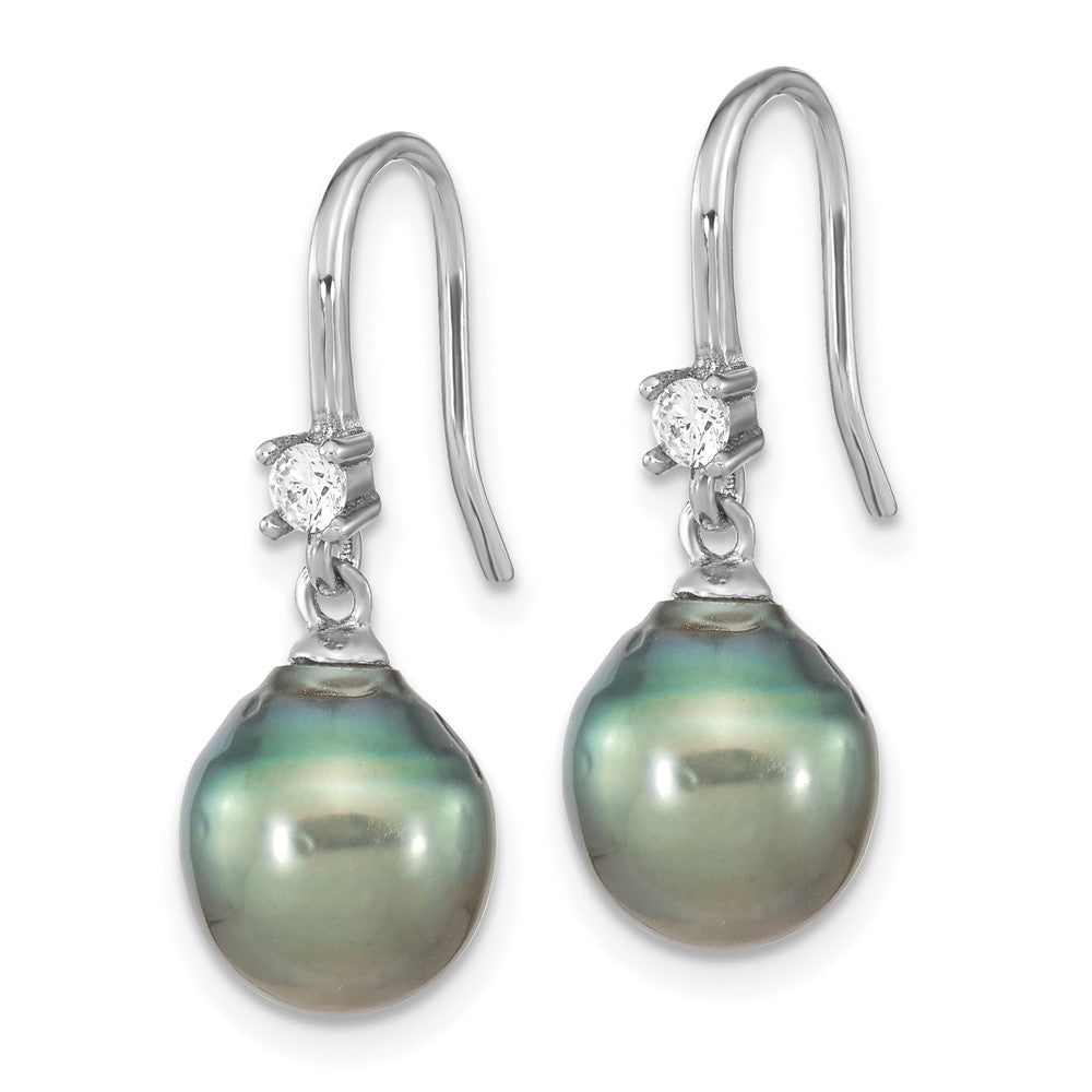 Rhodium-plated Sterling Silver 9-10mm Tahitian Saltwater Pearl CZ Earrings