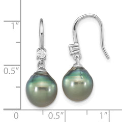 Rhodium-plated Sterling Silver 9-10mm Tahitian Saltwater Pearl CZ Earrings