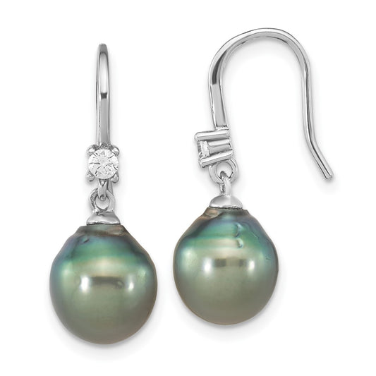 Rhodium-plated Sterling Silver 9-10mm Tahitian Saltwater Pearl CZ Earrings