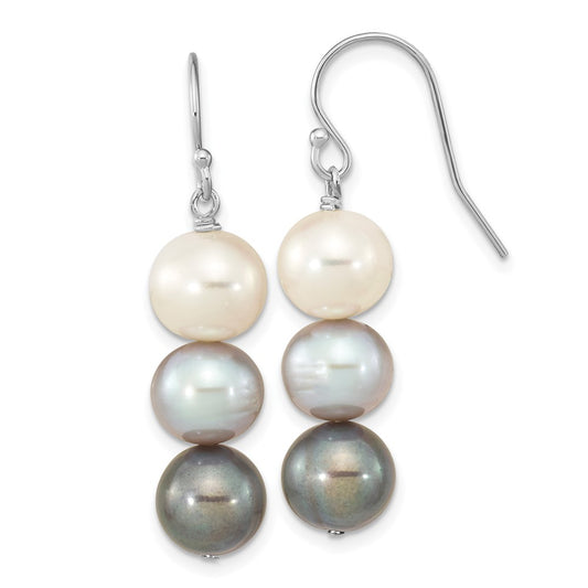 Rhodium-plated Sterling Silver 8-9mm Black White Grey FWC Pearl Earrings