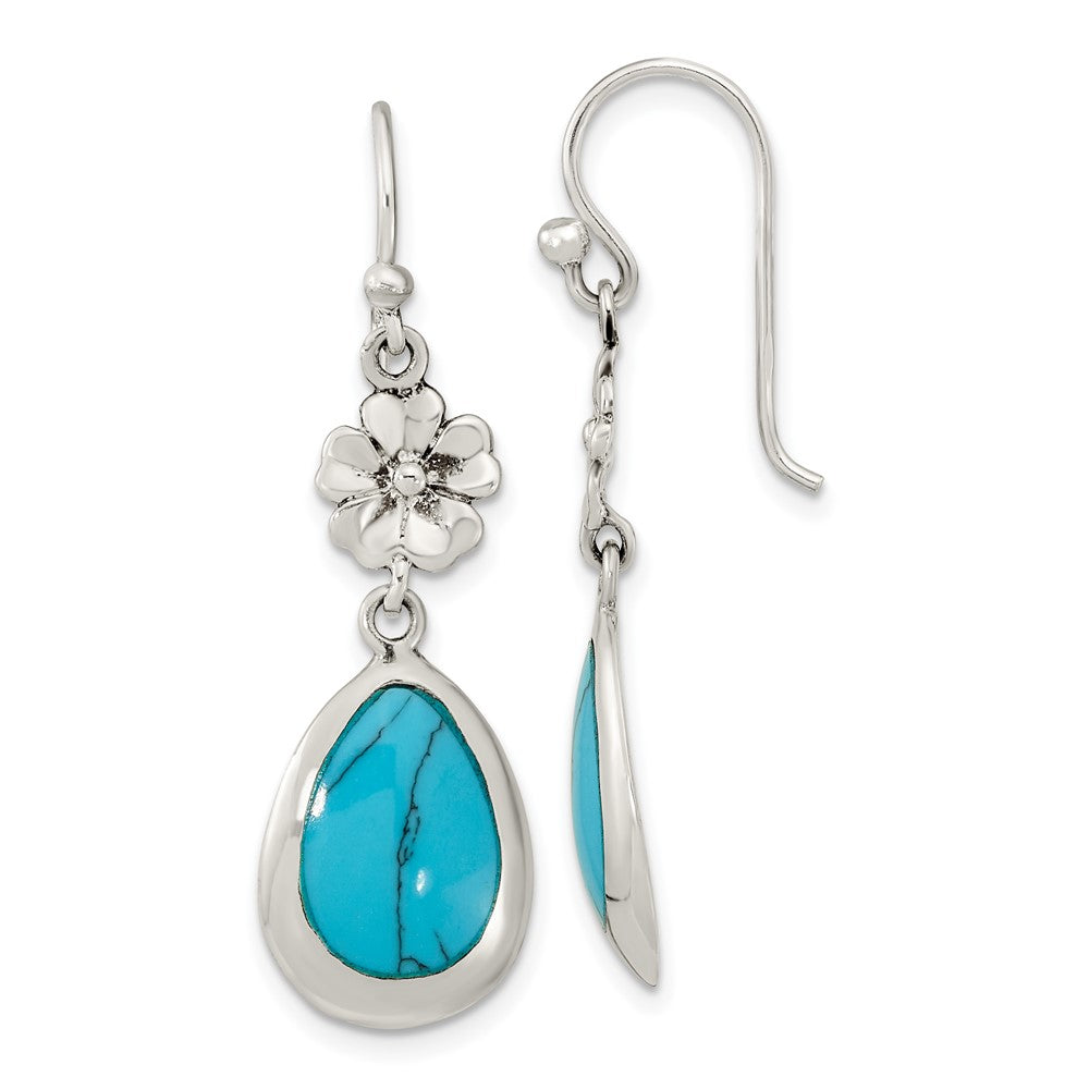Sterling Silver Polish Floral Reconstituted Turquoise Teardrop Earrings
