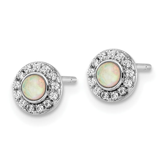 Rhodium-plated Sterling Silver Polished CZ & Lab Created Opal Post Earrings