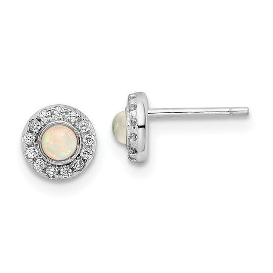 Rhodium-plated Sterling Silver Polished CZ & Lab Created Opal Post Earrings